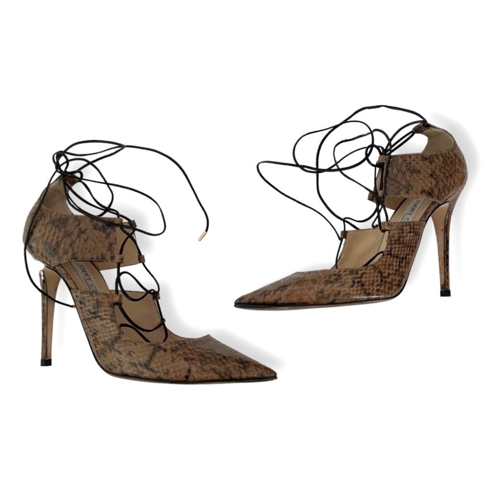 Jimmy Choo Snake-Print Lace-Up Pointed Toe Pumps in Brown